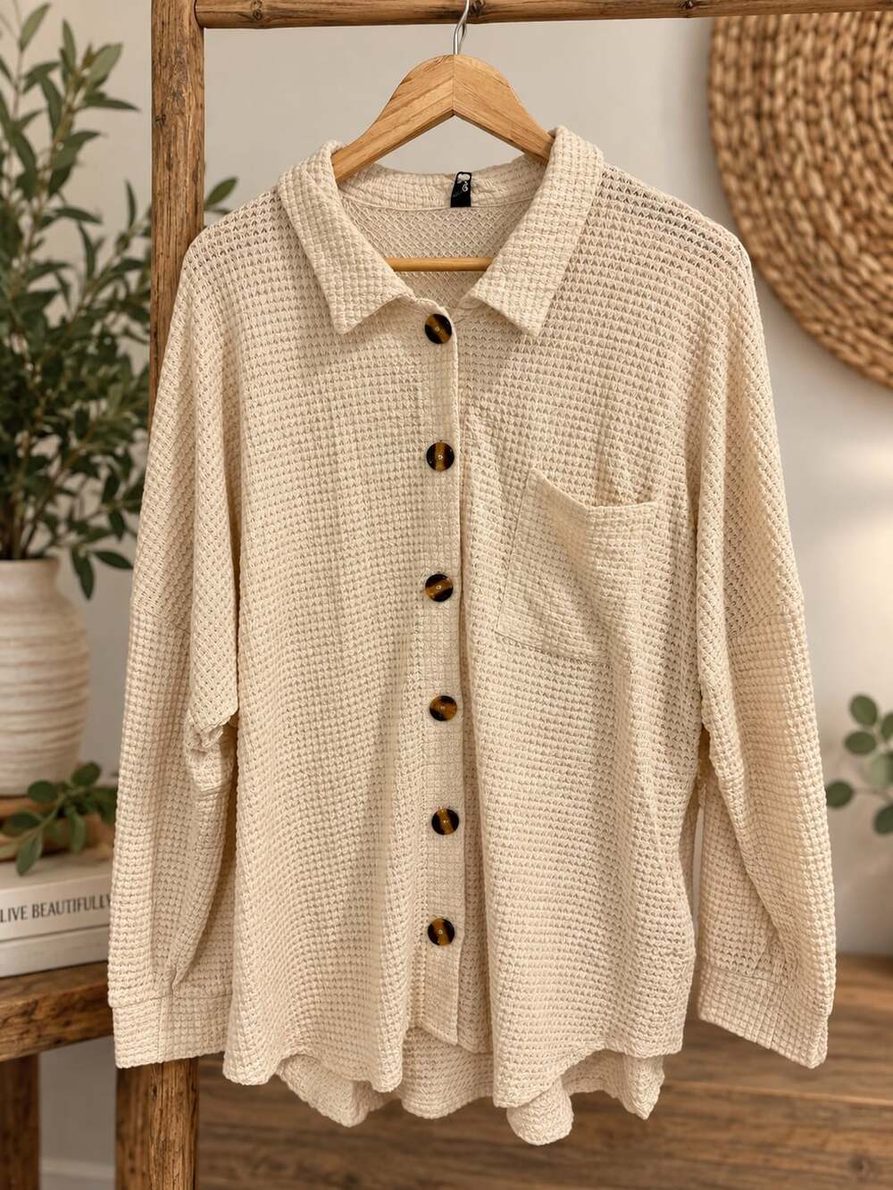 NWT Olice Waffle Knit Button Down Shacket Size XL Apricot